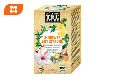Balenie BIO bylinného čaju Müllers Teestube 3-Ingwer & Zitrone so zázvorom a citrónom.