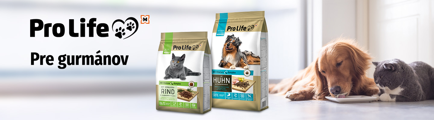 Banner ProLife zobrazujúci balenia granulí pre mačky a psov, spolu s mačkou a psom pri miske.