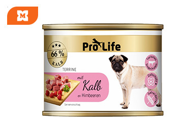 Konzerva ProLife Terrine s teľacím mäsom a malinami pre psov.