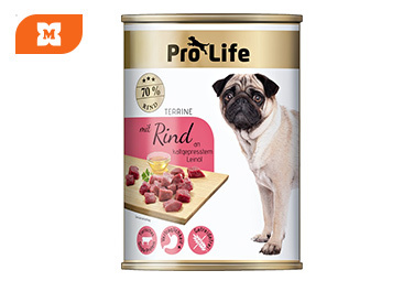 Konzerva ProLife Terrine s hovädzím mäsom pre psov.