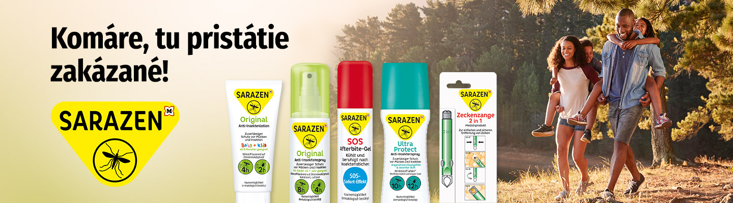 Banner značky Sarazen s produktami: repelenty, chladivý gélo sprej proti komárom a kliešťom,  pomôcka na odstránenie kliešťov. Titulok: Komáre, tu pristátie zakázané!