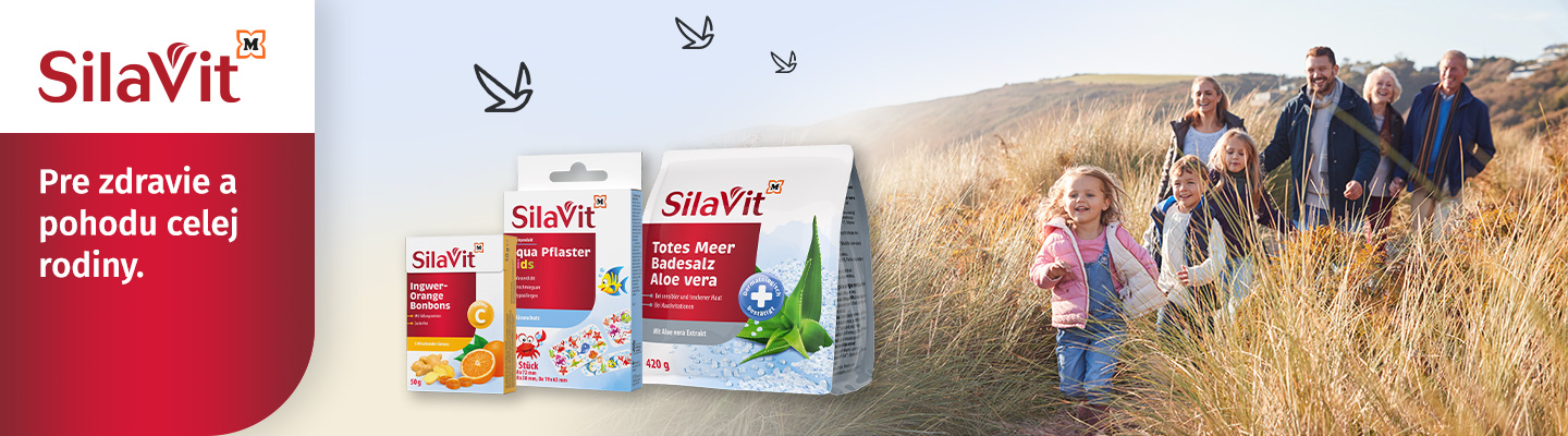 Obrázok rodinky v prírode a zobrazené produkty SilaVit Ingwer Orange Bonbons, SilaVit Aqua Pflaster Kids a SilaVit Totes Meer Badesalz Aloe Vera - pre zdravie a pohodu celej rodiny