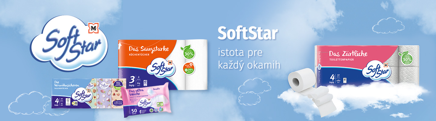 Banner značky SoftStar zobrazuje hygienické papierové produkty,: toaletný papier, vreckovky a kuchynské utierky. Titulok: SoftStar - istota pre každý okamih.