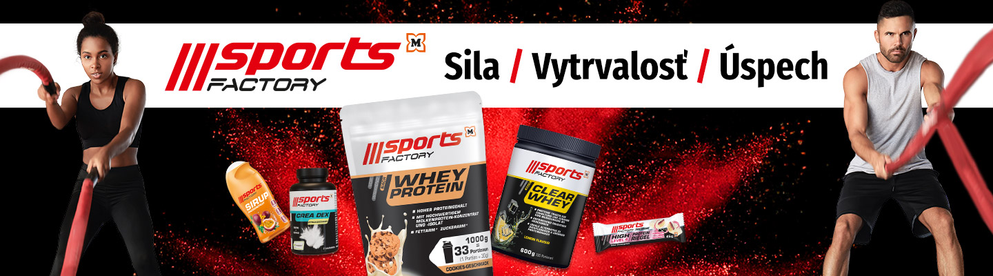 Sports Factory – proteíny, fitness doplnky a športová výživa pre silu, vytrvalosť a úspech. Produkty: Whey Protein, Clear Whey Lemon, Zero Sirup, L‑Carnitin Liquid, proteínové tyčinky. 