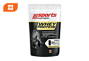 Balenie srvátkového proteínu Sports Factory Whey Protein s vanilkovou príchuťou.