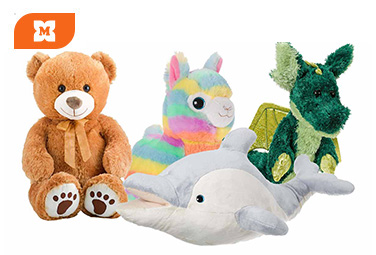 Plyšové hračky – medvedík, dúhová lama, delfín a zelený drak
