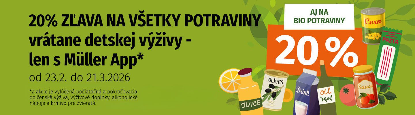 Banner s textom: 20 % zľava na všetky potraviny vrátane detskej výživy a bioproduktov - len s Müller App, 23.2. - 21.3. 2026, doplnený ilustráciami potravín.