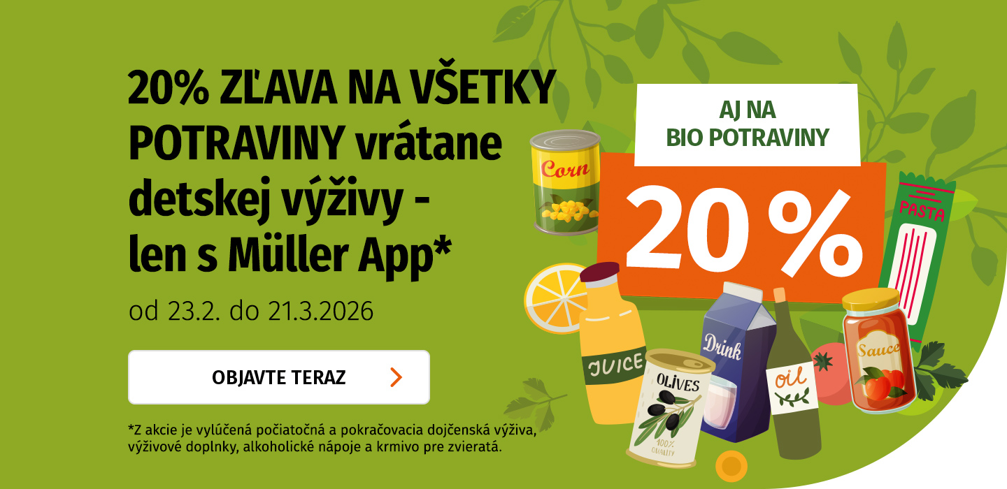 Banner s textom: 20 % zľava na všetky potraviny vrátane detskej výživy a bioproduktov - len s Müller App, 23.2. - 21.3. 2026, doplnený ilustráciami potravín.