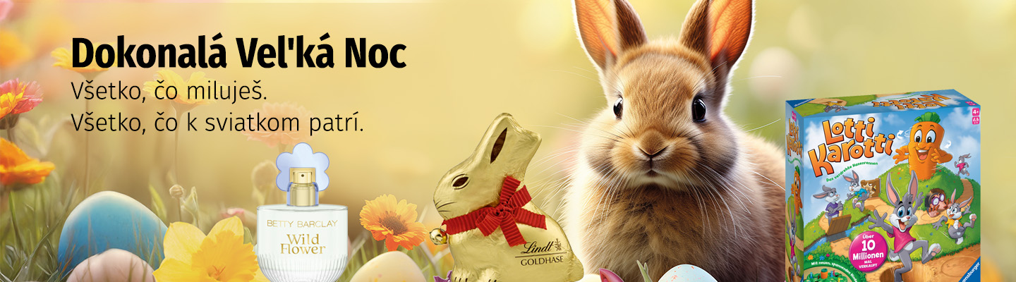 Veľkonočný zajačik s jarnými kvetmi, farebnými vajíčkami a veľkonočnými darčekmi z ponuky Müller