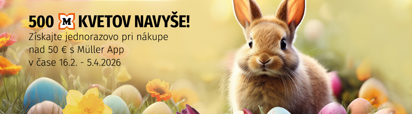 Veľkonočný banner s králikom, farebnými vajíčkami a informáciou o akcii 500 kvetov navyše pri nákupe nad 50 € v Müller App.
