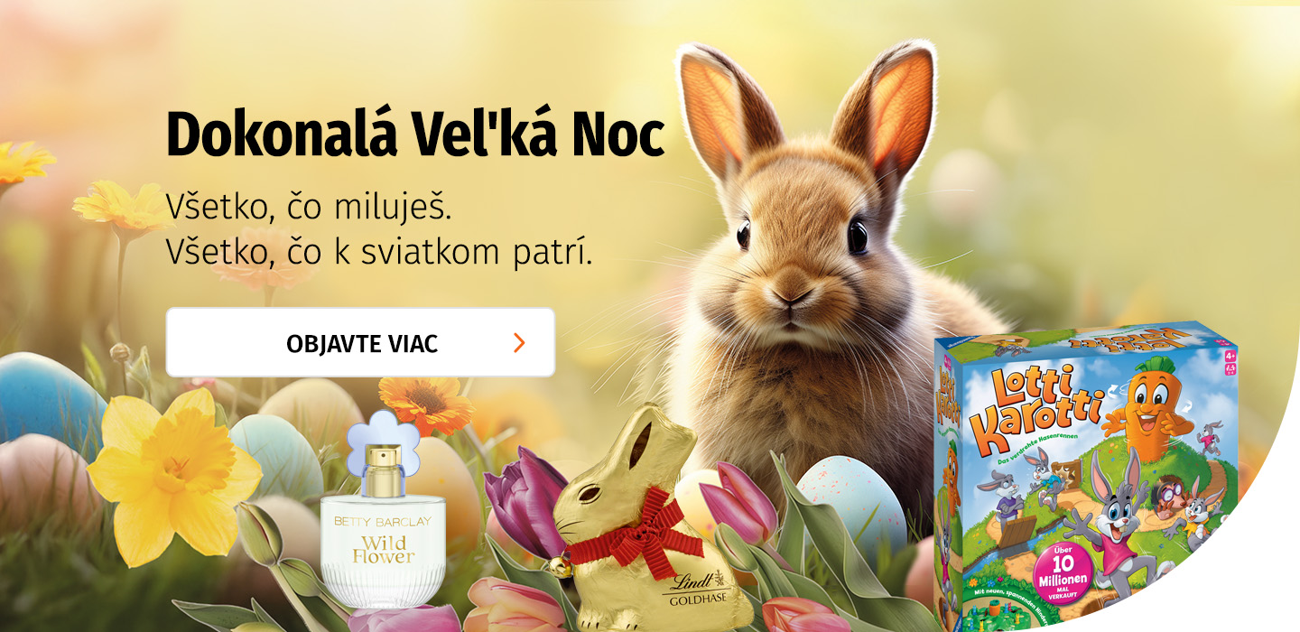 Veľkonočný zajačik s jarnými kvetmi, farebnými vajíčkami a veľkonočnými darčekmi z ponuky Müller