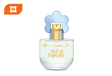 Flakón parfému Betty Barclay Wild Flower s modrým kvetinovým uzáverom.