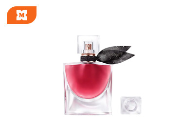 Flakón Lancôme La Vie Est Belle L'Élixir s tmavoružovým parfémom a trblietavou čiernou stuhou.