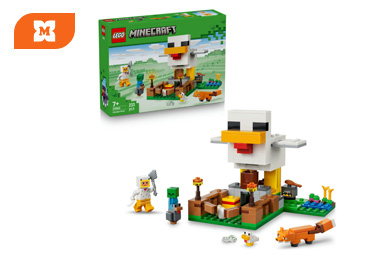 Stavebnica LEGO Minecraft „The Chicken Coop“ s veľkou sliepkou, výbehom, minifigúrkou Alex a zvieratkami.