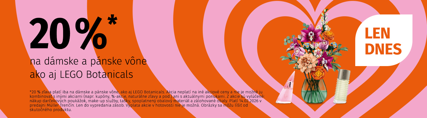 Valentínska akcia – 20 % zľava na dámske a pánske parfémy a LEGO Botanicals, so srdcovým pozadím a vybranými vôňami.