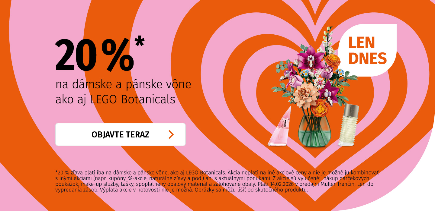 Valentínska akcia – 20 % zľava na dámske a pánske parfémy a LEGO Botanicals, so srdcovým pozadím a vybranými vôňami.