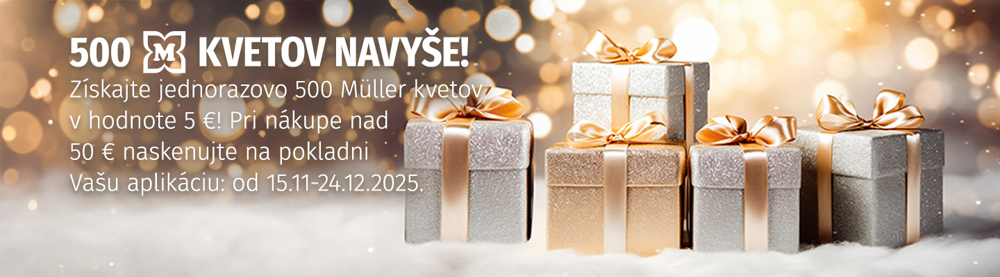Obrázok s darčekmi: získajte jednorazovo 500 Müller kvetov navyše v hodnote 5€ pri nákupe nad 50€ s Müller App.