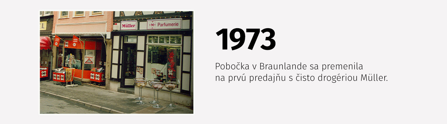 Pobočka Müller v Braunlande v roku 1973, premenená na prvú čisto drogériu Müller.