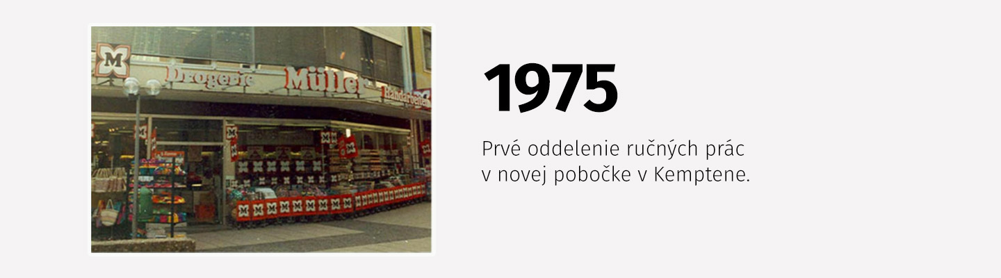 Predajňa Müller v Kemptene v roku 1975 s prvým oddelením ručných prác.
