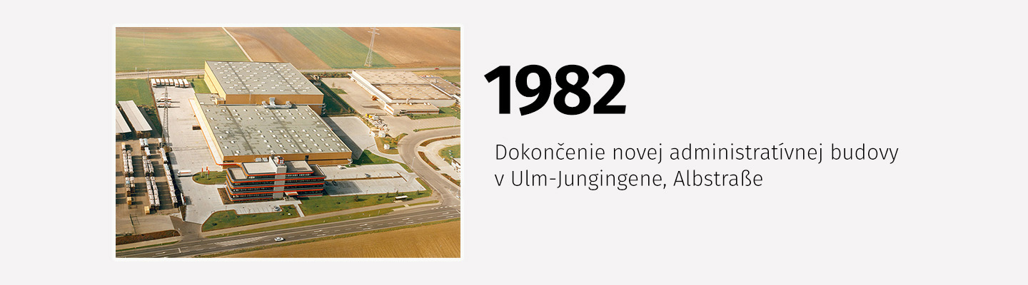 Letecký pohľad na novú administratívnu budovu Müller v Ulm‑Jungingene dokončenú v roku 1982