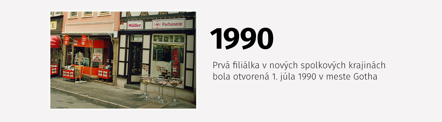 Predajňa Müller v meste Gotha pri otvorení prvej filiálky v nových spolkových krajinách v roku 1990.