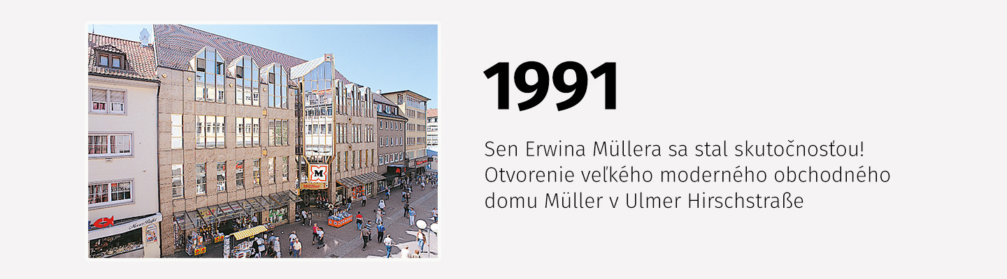 Historický pohľad na nový obchodný dom Müller v Ulme na ulici Hirschstraße pri jeho otvorení v roku 1991.