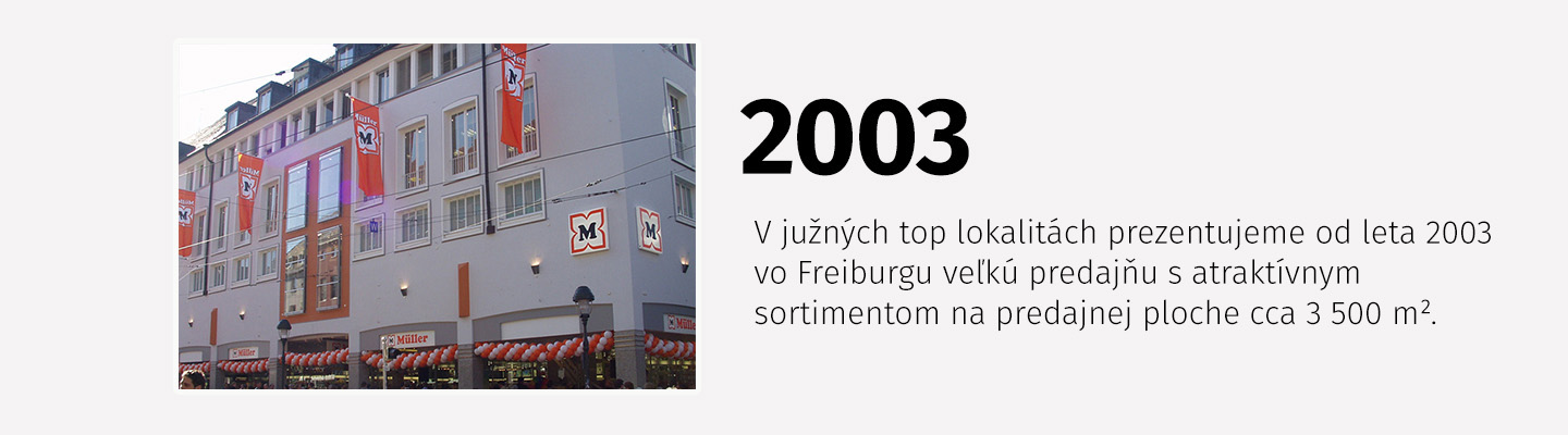 Predajňa Müller vo Freiburgu otvorená v roku 2003 s atraktívnym sortimentom na ploche približne 3 500 m²