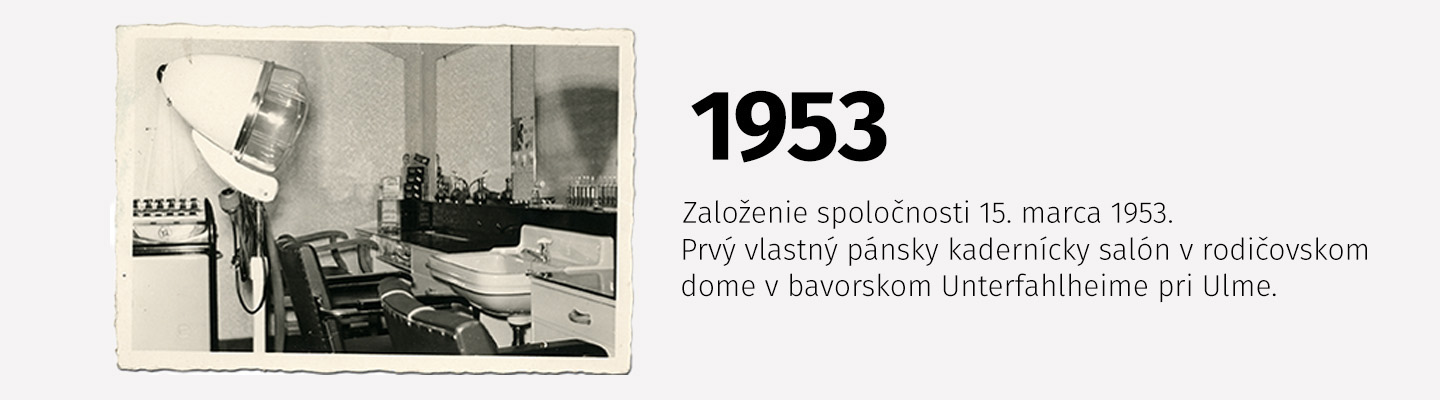 Historická fotografia kaderníckeho salónu Müller z roku 1953 v Unterfahlheime pri Ulme.
