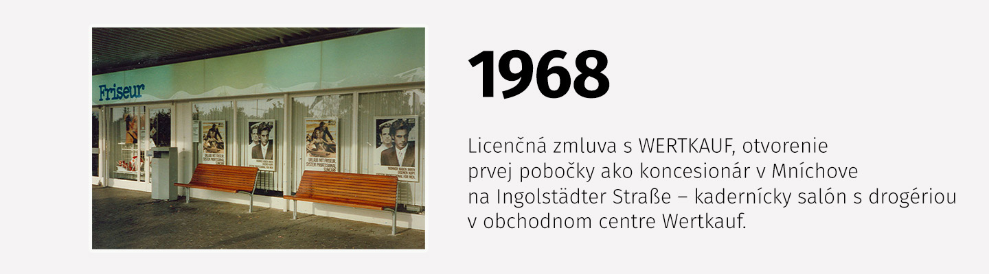 Exteriér prvej pobočky kaderníckeho salónu Müller s drogériou v obchodnom centre Wertkauf, rok 1968.