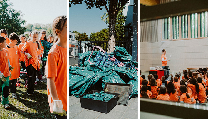 Deti v oranžových tričkách zbierajú odpad na ihrisku počas ekologickej akcie MBRC the children.